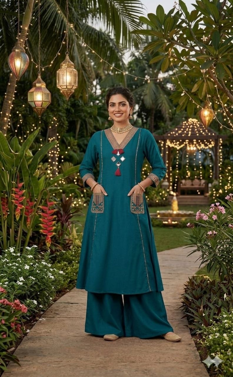 Festive Mirror-Work A-Line Kurta Set with Embroidered Pockets & Wide-Leg Palazzos