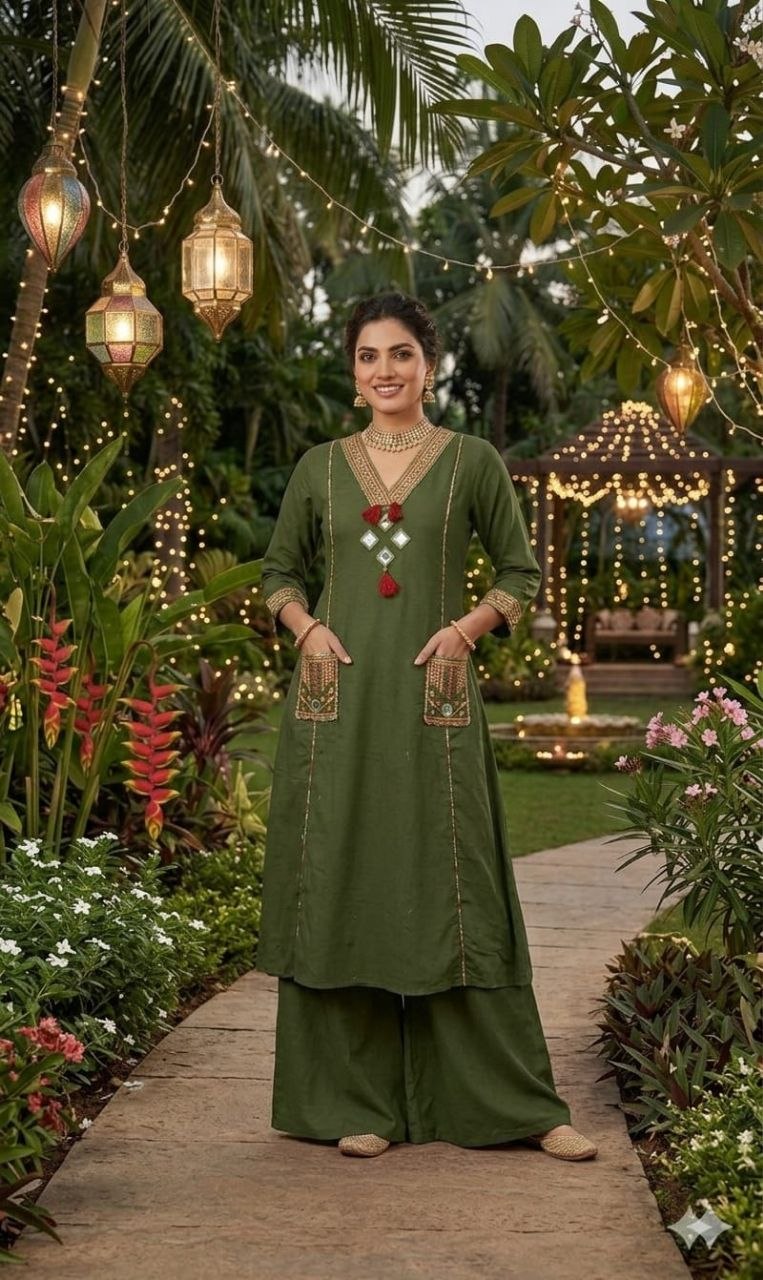Festive Mirror-Work A-Line Kurta Set with Embroidered Pockets & Wide-Leg Palazzos