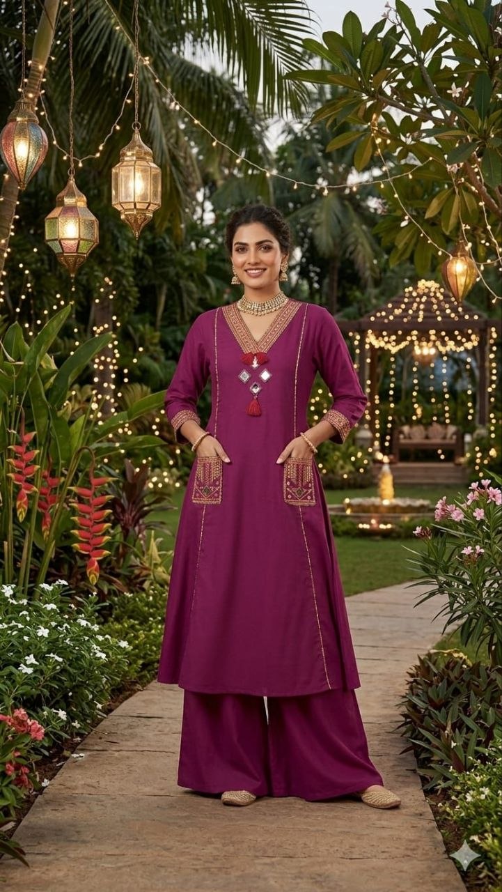 Festive Mirror-Work A-Line Kurta Set with Embroidered Pockets & Wide-Leg Palazzos
