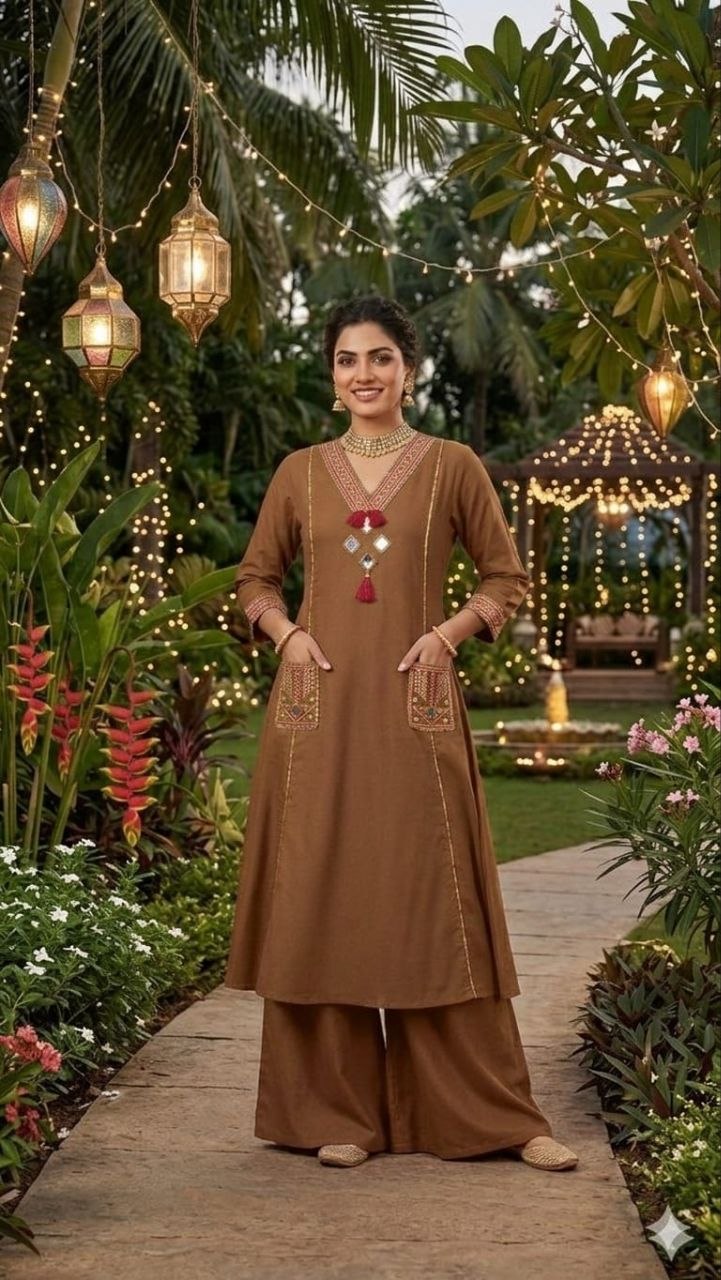 Festive Mirror-Work A-Line Kurta Set with Embroidered Pockets & Wide-Leg Palazzos