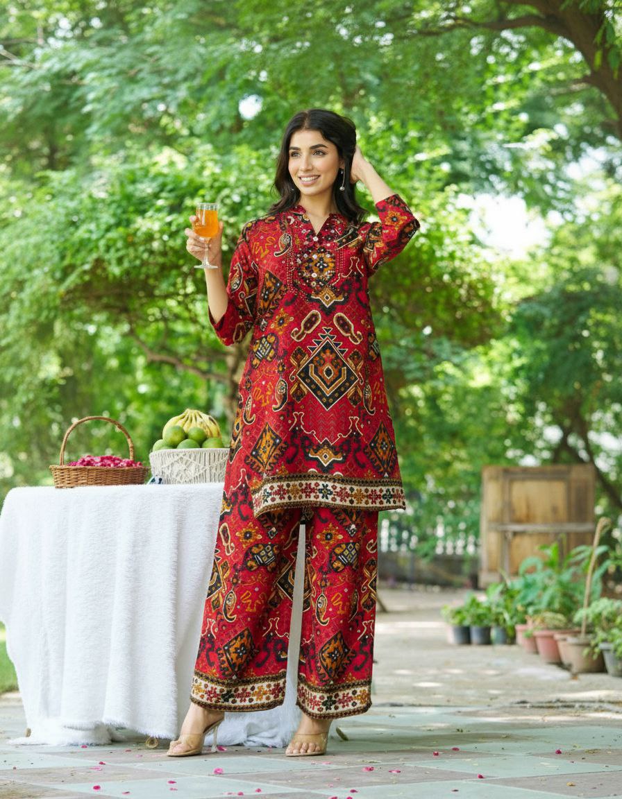 Crimson Heritage Geometric Printed Co-ord Set