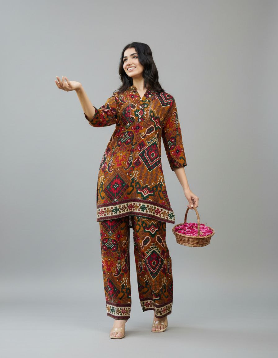 Earthy Mustard Geometric Ethnic Co-ord Set