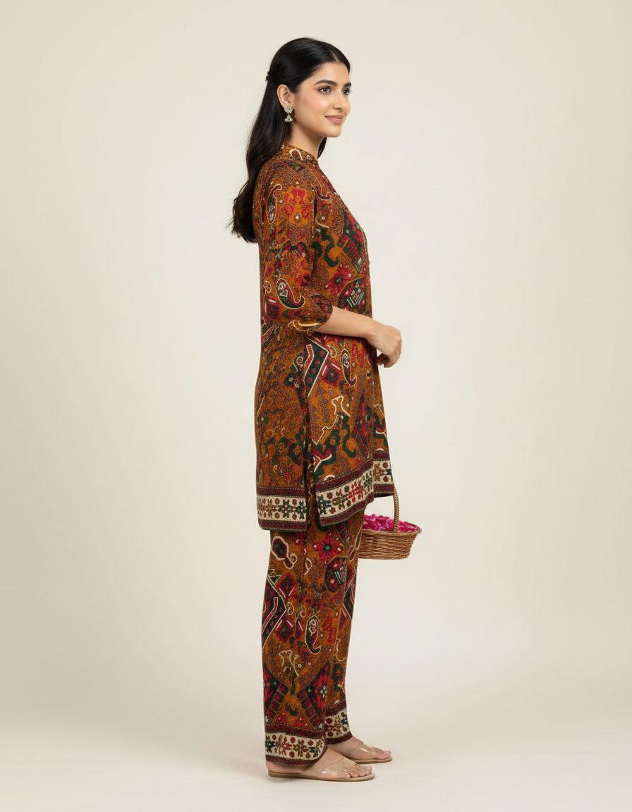 Earthy Mustard Geometric Ethnic Co-ord Set