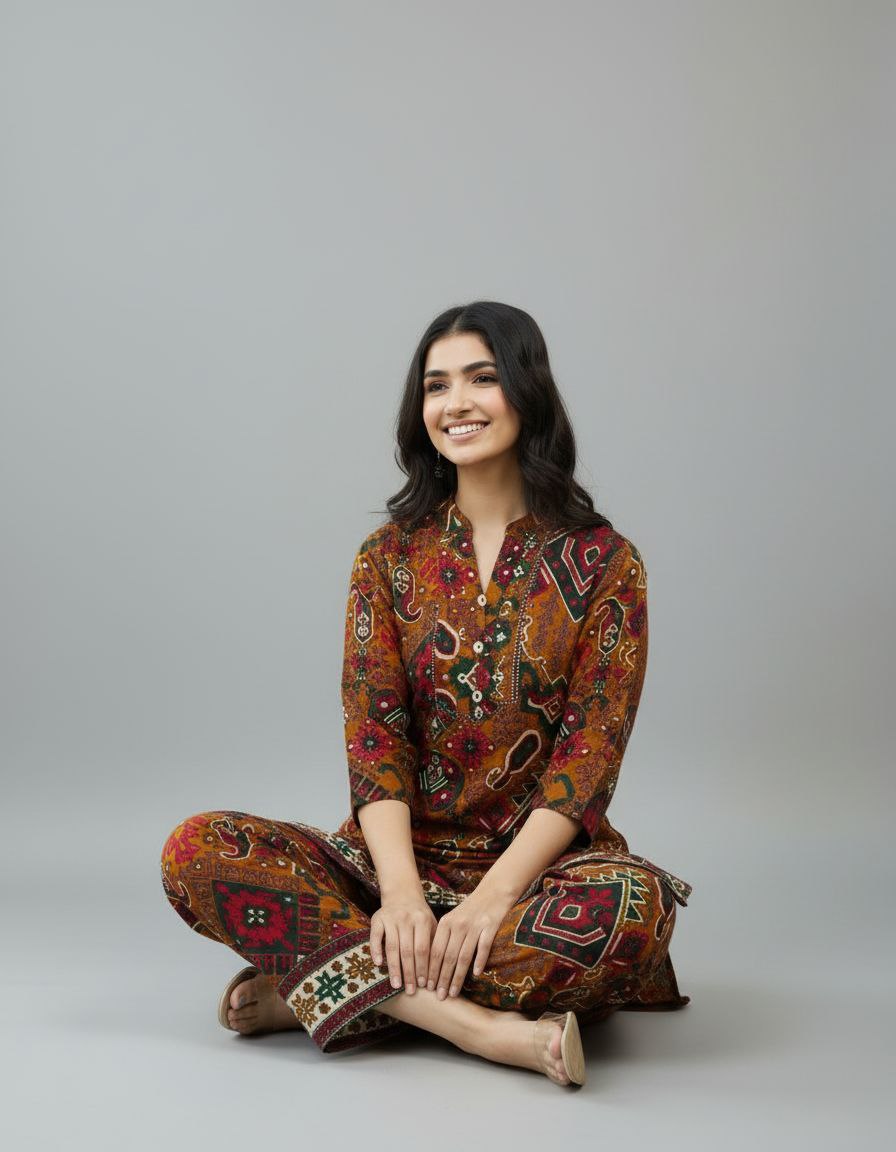 Earthy Mustard Geometric Ethnic Co-ord Set