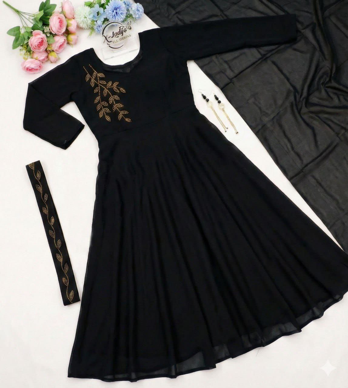 Elegant Black Embroidered Anarkali Suit with Statement Waist Belt