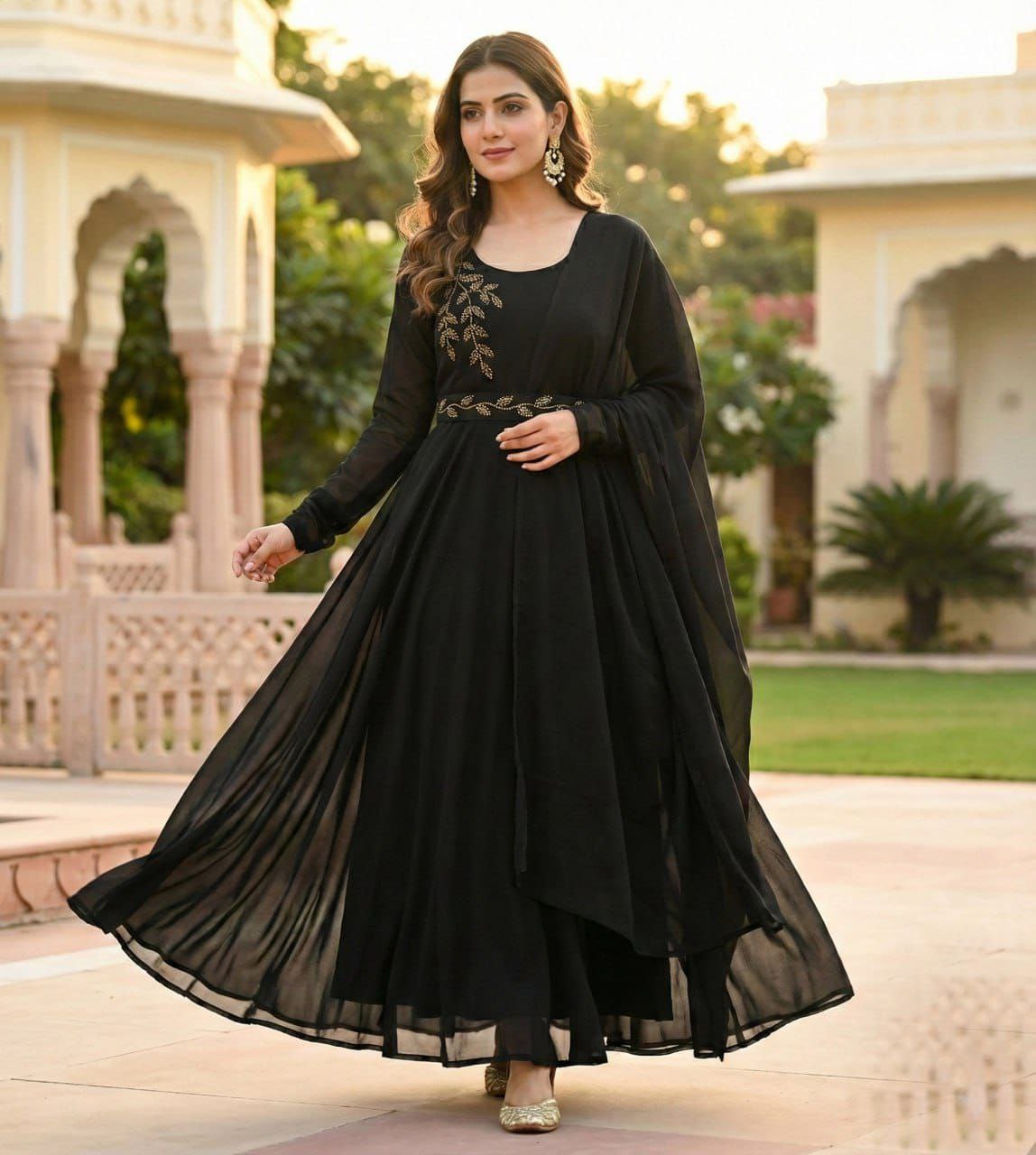 Elegant Black Embroidered Anarkali Suit with Statement Waist Belt
