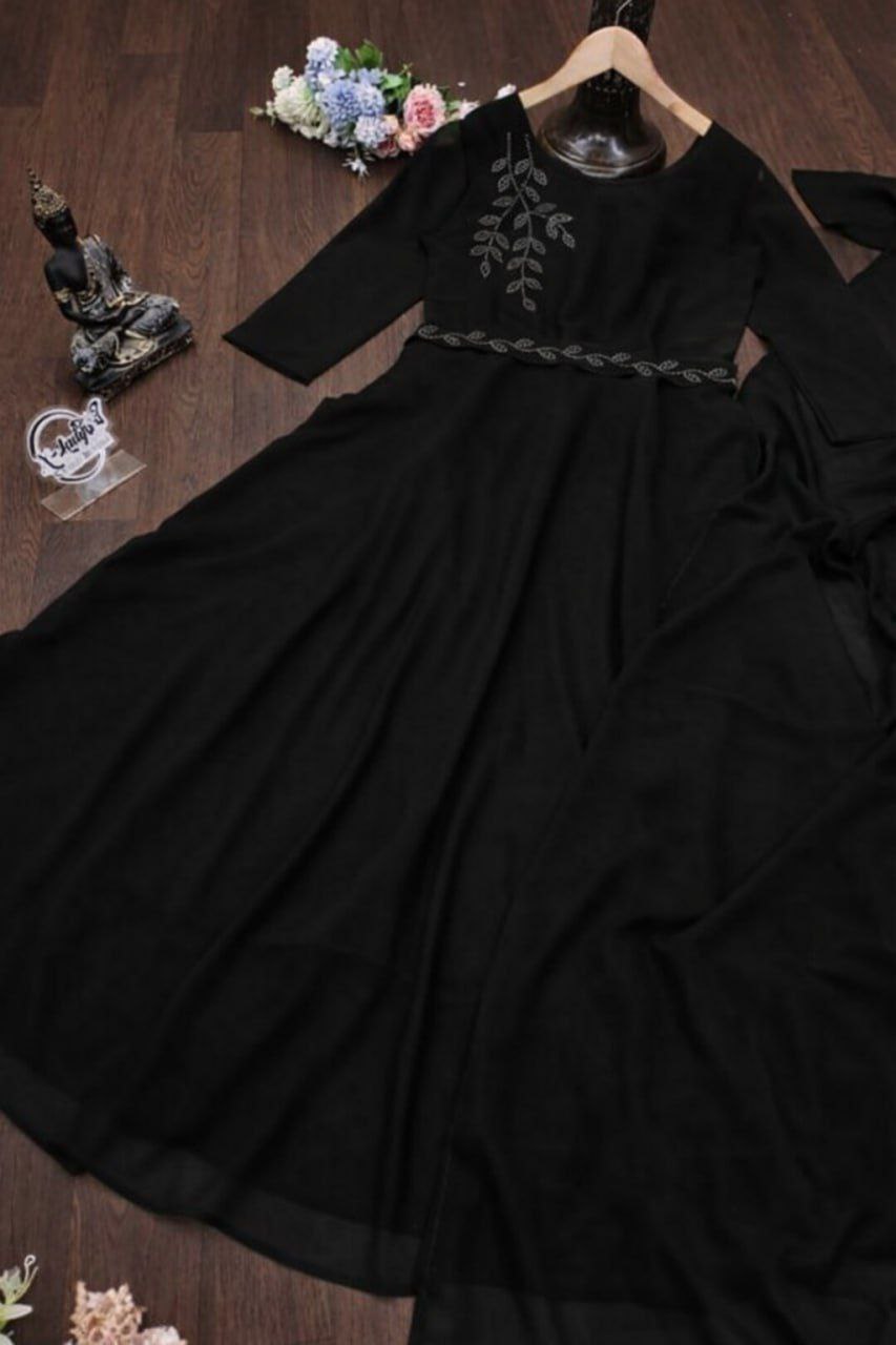 Elegant Black Embroidered Anarkali Suit with Statement Waist Belt