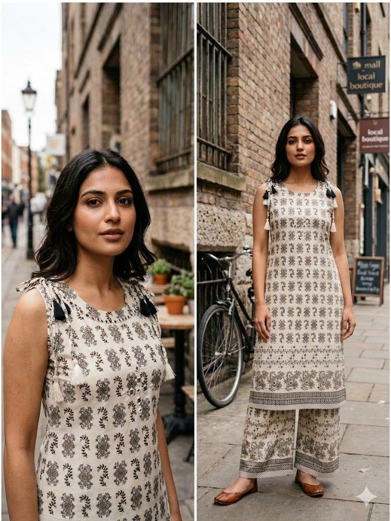 Ivory & Charcoal Floral Print Sleeveless Kurta with Matching Wide-Leg Palazzos