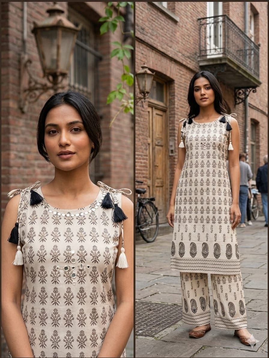 Ivory & Charcoal Floral Print Sleeveless Kurta with Matching Wide-Leg Palazzos