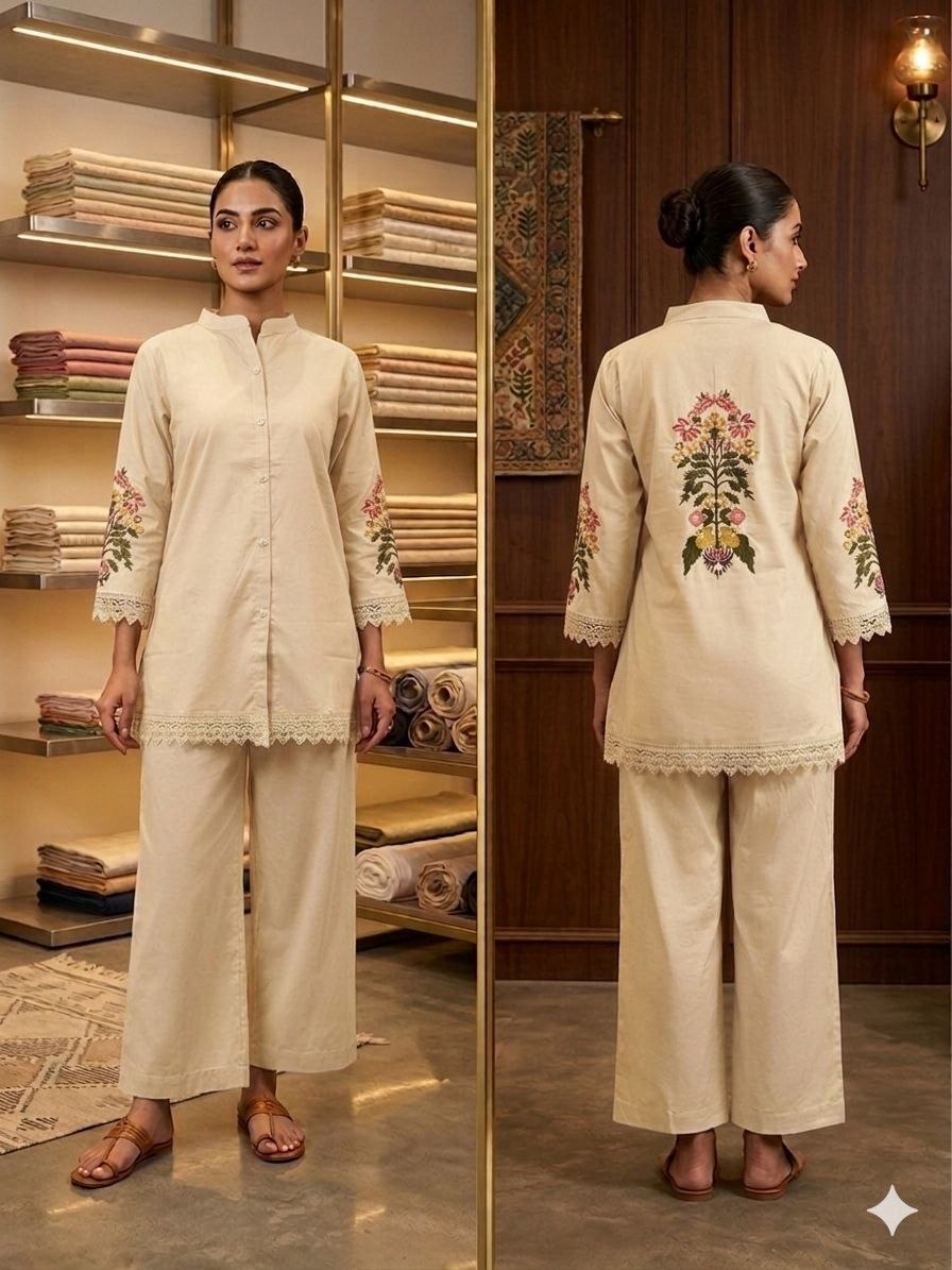 Geometric Fusion Hand-Block Print Cotton Kurta & Tapered Pant Set