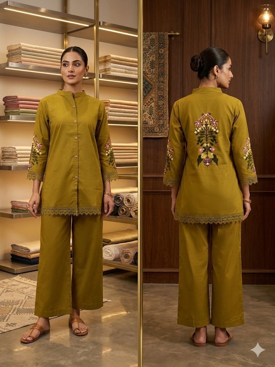 Geometric Fusion Hand-Block Print Cotton Kurta & Tapered Pant Set
