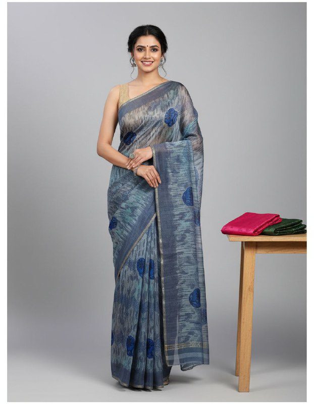 Abstract Grey-Blue Print Saree