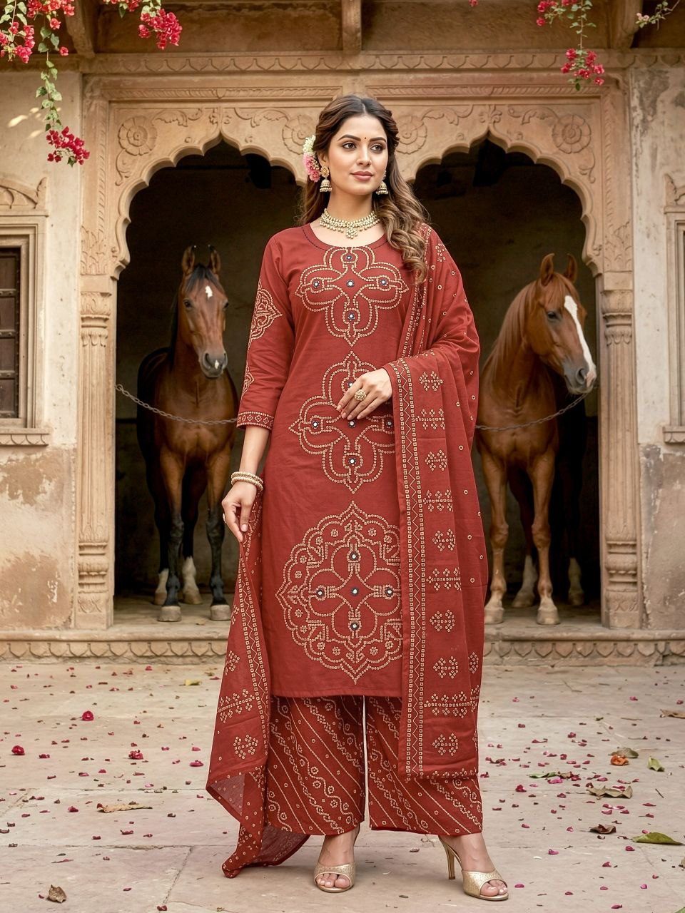 Bandhani Elegance Plazo Set with Handcrafted Mirror Embroidery