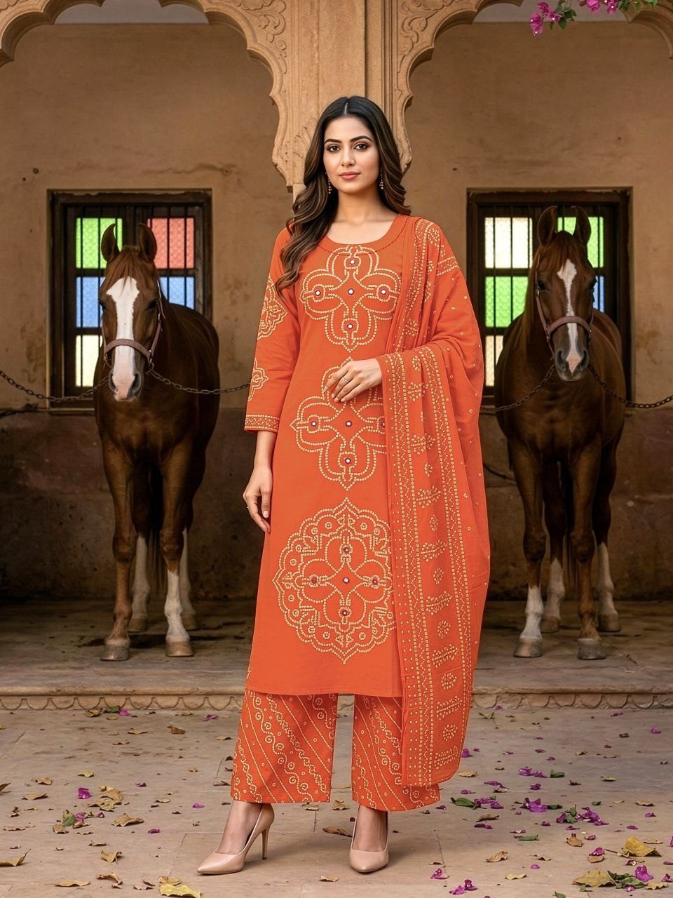 Bandhani Elegance Plazo Set with Handcrafted Mirror Embroidery