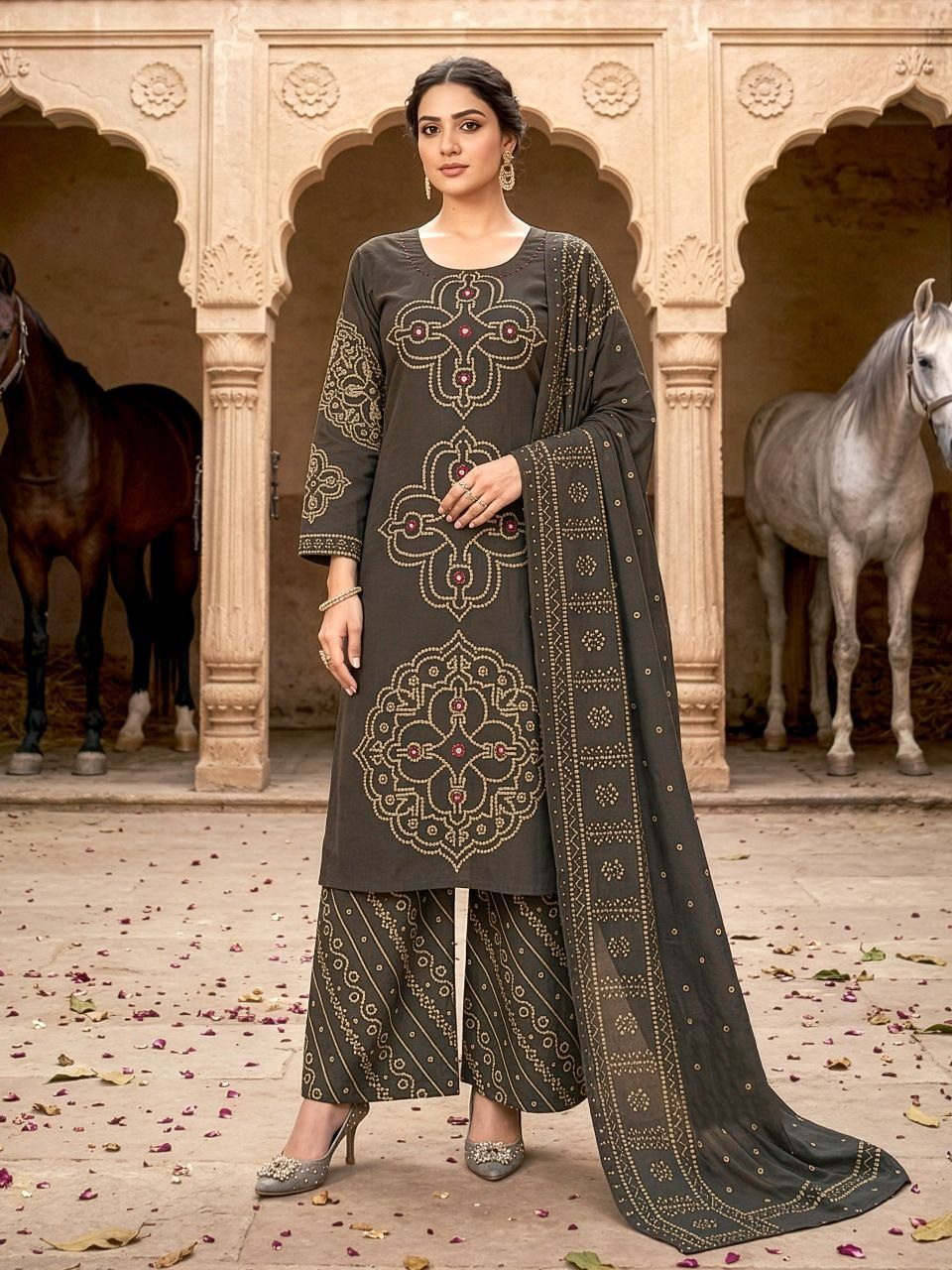 Bandhani Elegance Plazo Set with Handcrafted Mirror Embroidery