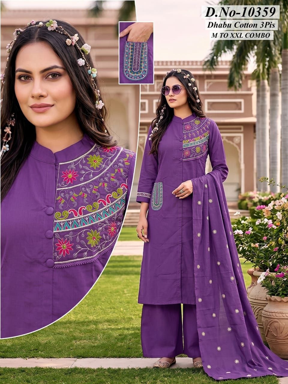 Dabbu Cotton Manual Work 3-Piece Suit Set with Heavy Cotton Dupatta