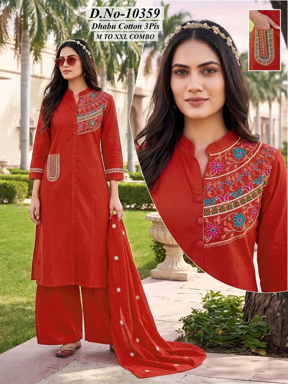 Dabbu Cotton Manual Work 3-Piece Suit Set with Heavy Cotton Dupatta