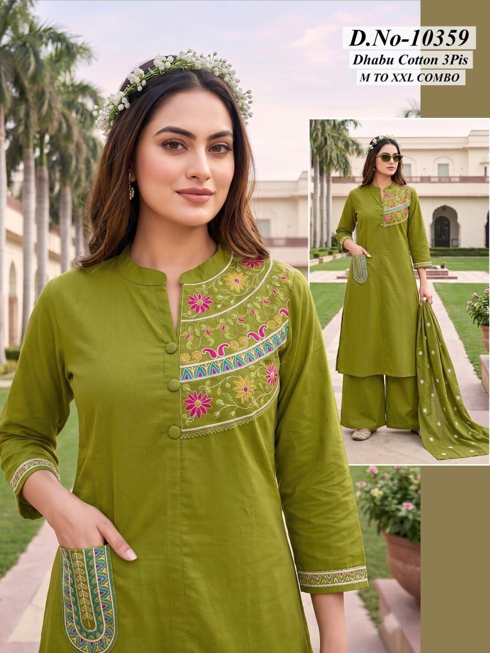 Dabbu Cotton Manual Work 3-Piece Suit Set with Heavy Cotton Dupatta