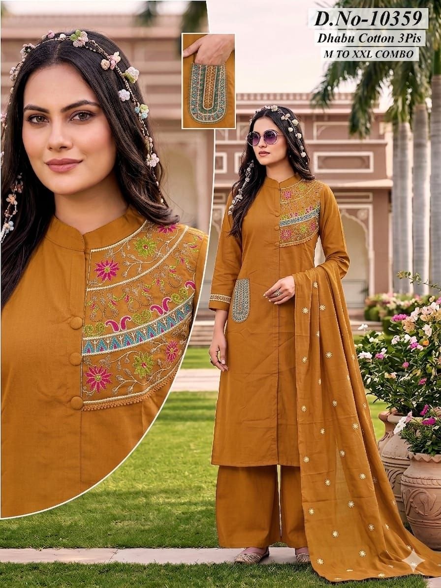 Dabbu Cotton Manual Work 3-Piece Suit Set with Heavy Cotton Dupatta