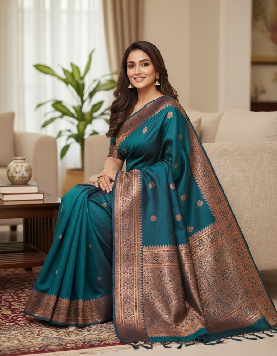 Cerulean Dream: Silver Zari Floral Motif Silk Saree