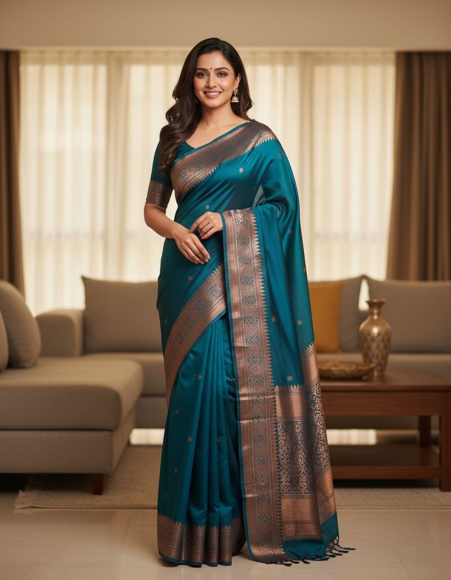 Cerulean Dream: Silver Zari Floral Motif Silk Saree