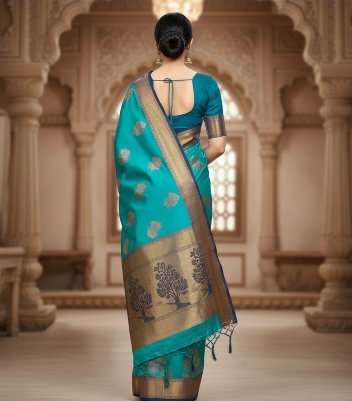 Cerulean Majesty: Tree of Life Banarasi Silk Saree