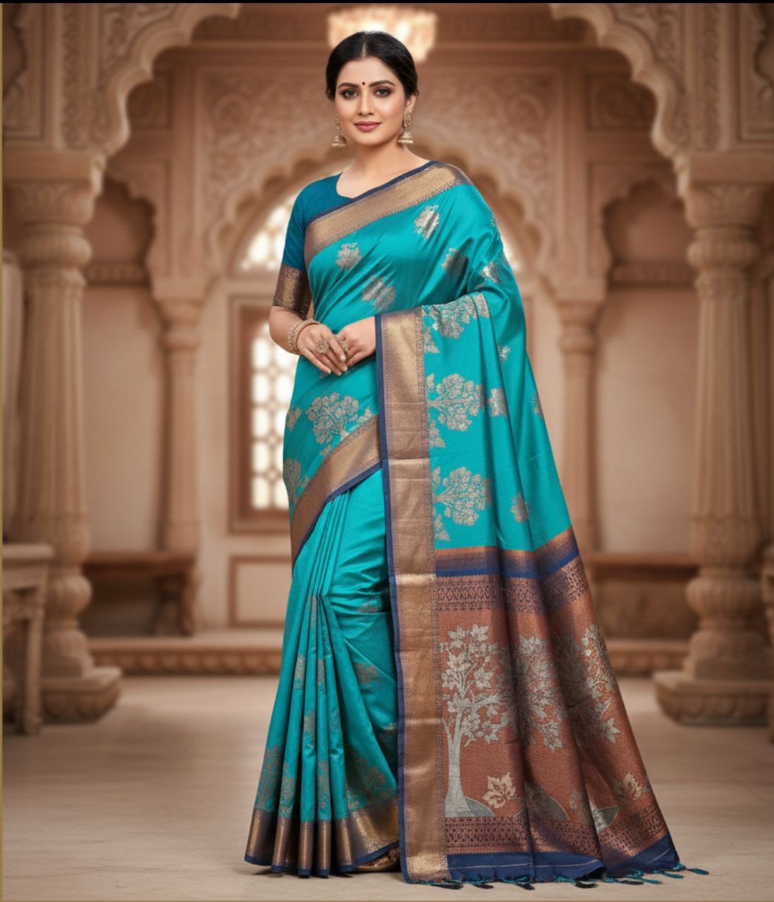 Cerulean Majesty: Tree of Life Banarasi Silk Saree