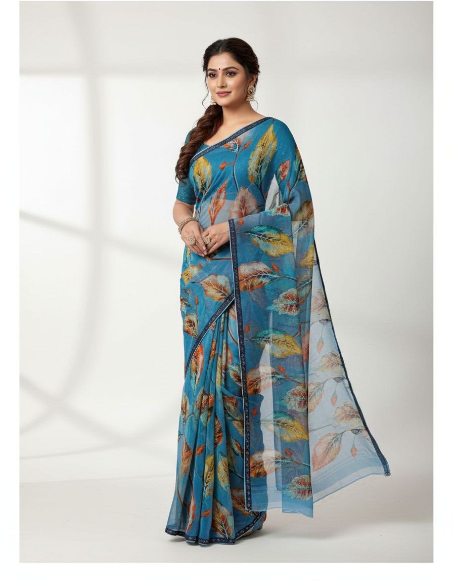 Charming Aqua Leaf Print Saree