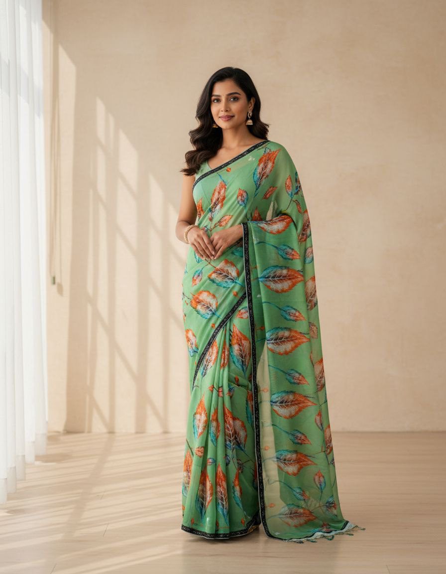 Charming Aqua Leaf Print Saree