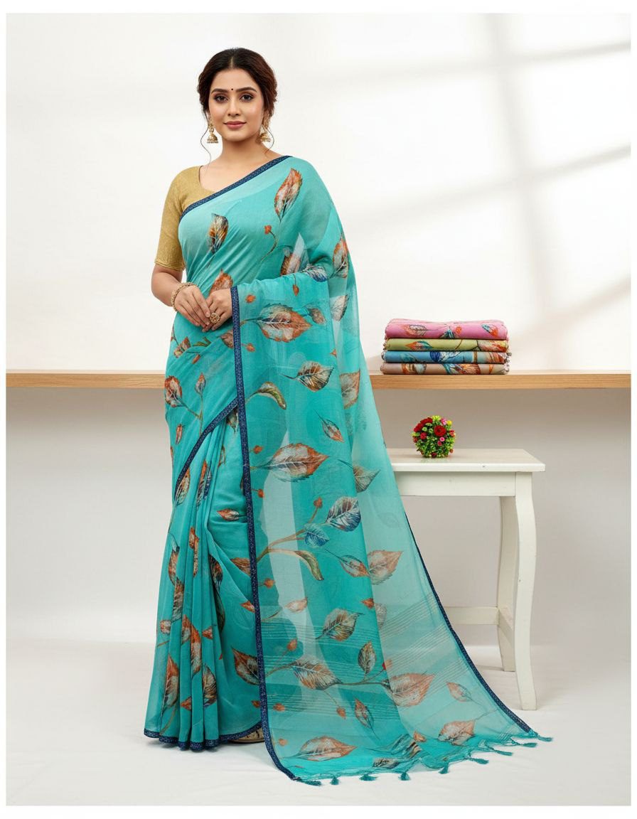 Charming Aqua Leaf Print Saree