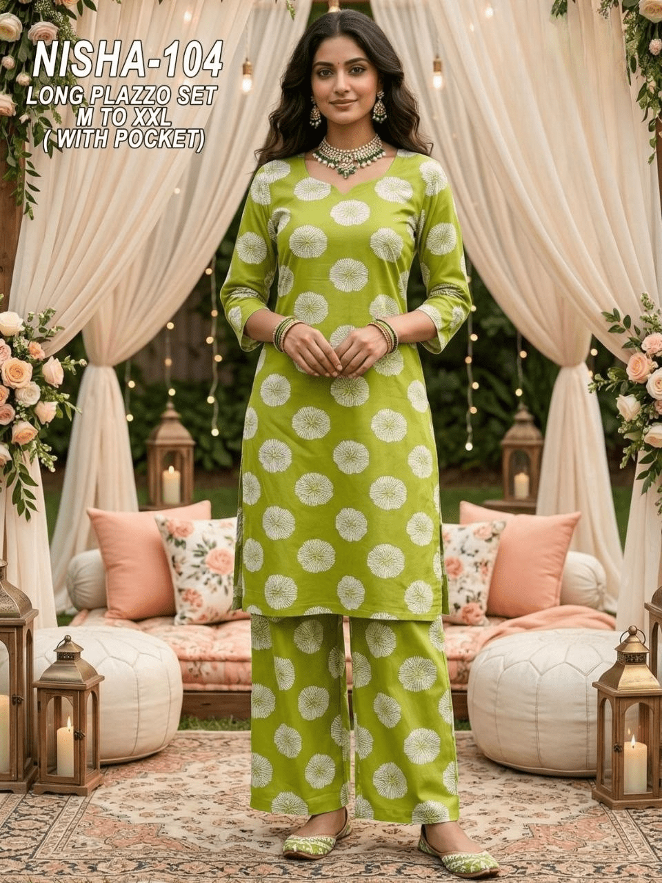 Artisanal Garden Floral Print Cotton Kurta & Tapered Pant Set with Scalloped Lace