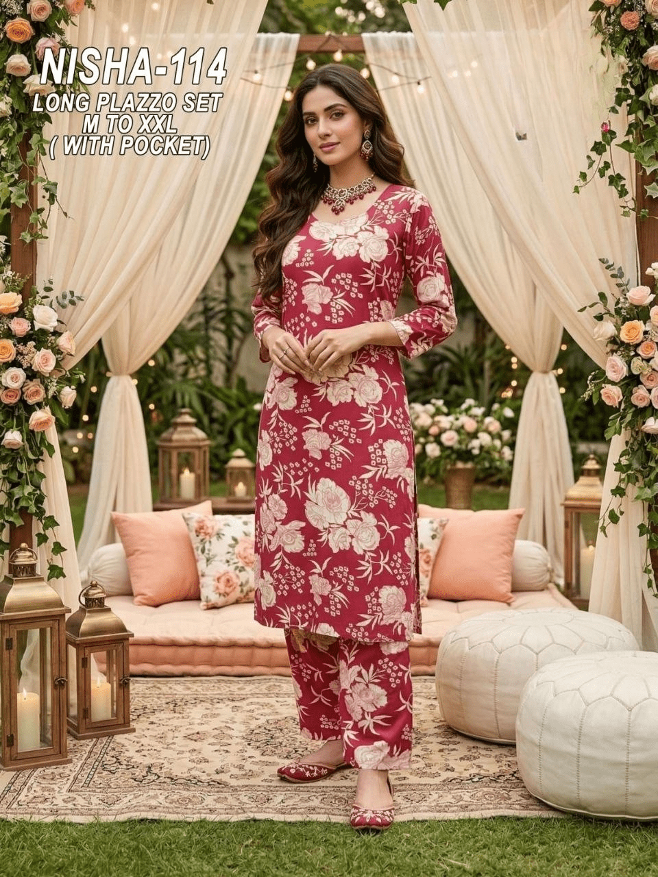 Artisanal Garden Floral Print Cotton Kurta & Tapered Pant Set with Scalloped Lace