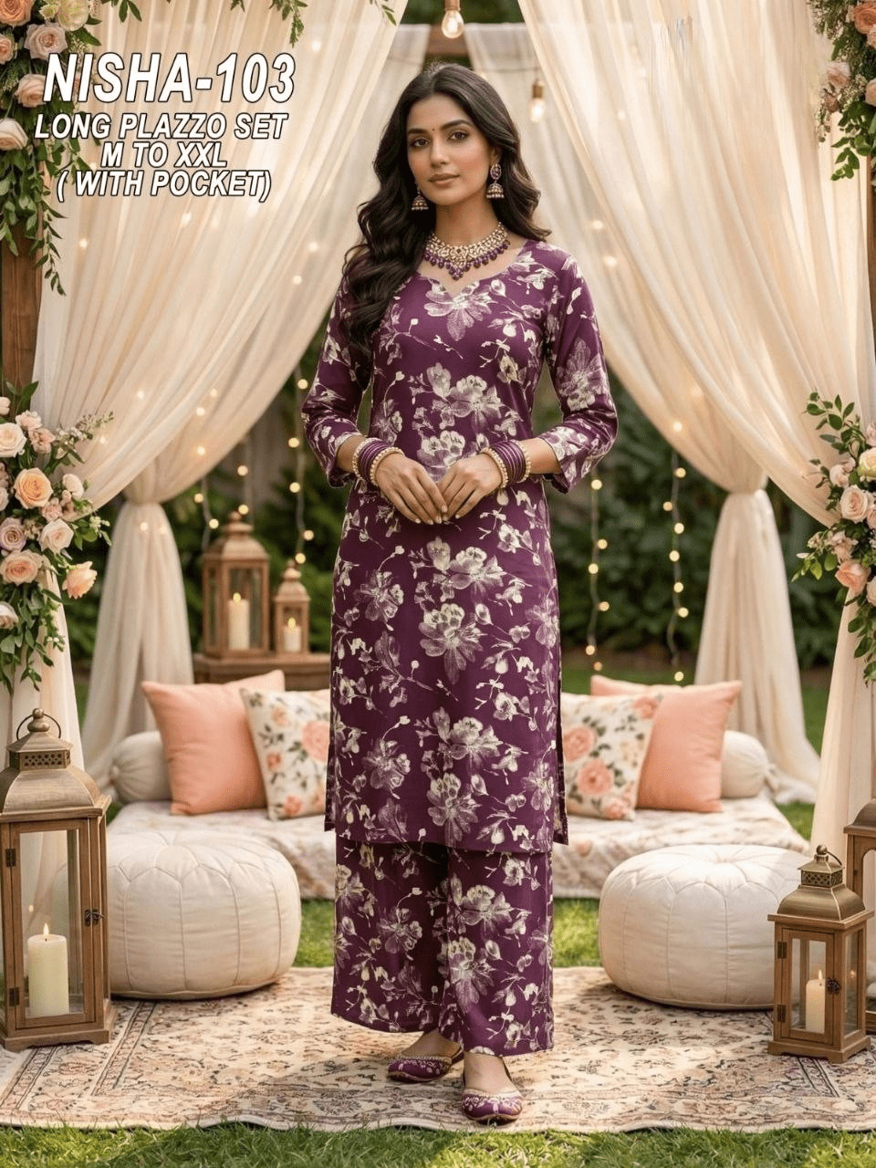 Artisanal Garden Floral Print Cotton Kurta & Tapered Pant Set with Scalloped Lace