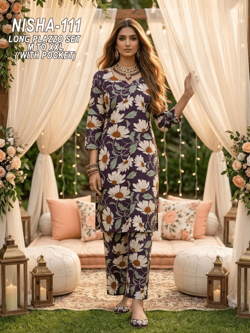 Bohemian Meadow Floral Print Kurta & Pant Set with Scalloped Lace Accents