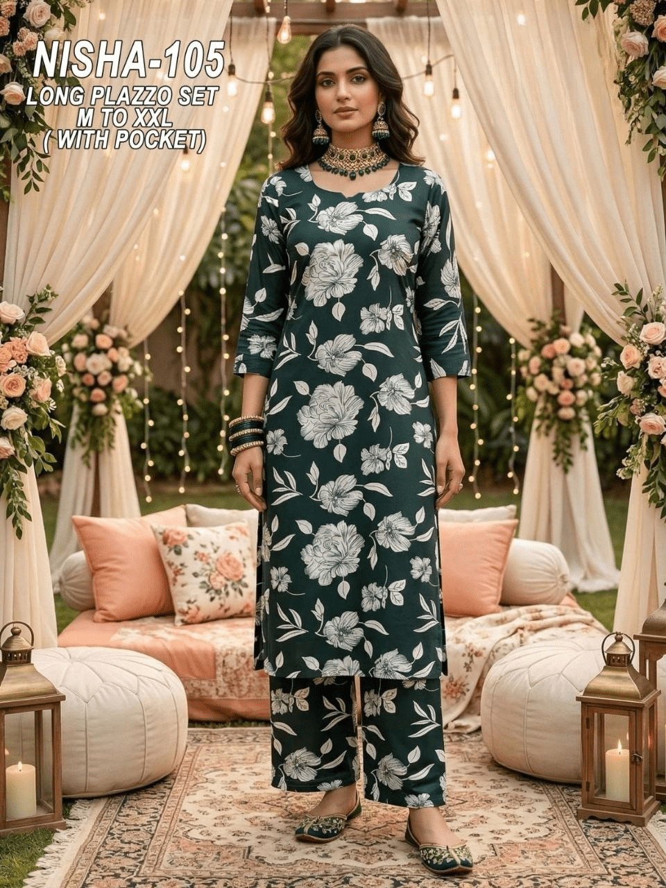 Bohemian Meadow Floral Print Kurta & Pant Set with Scalloped Lace Accents