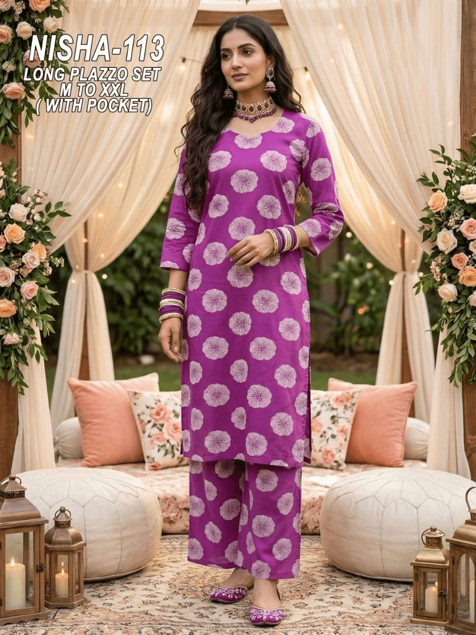 Bohemian Meadow Floral Print Kurta & Pant Set with Scalloped Lace Accents