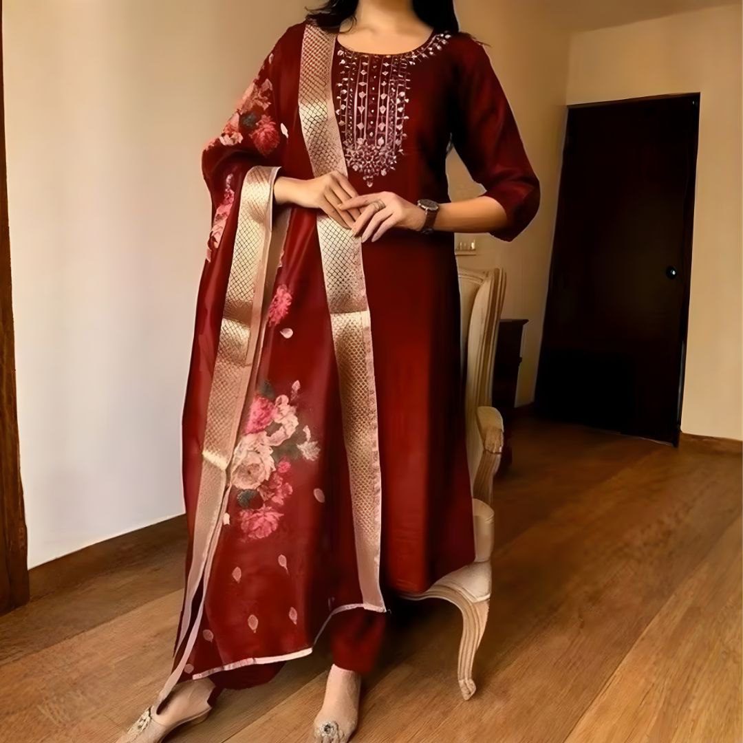 Deep Maroon Embroidered Silk Suit with Floral Organza Dupatta