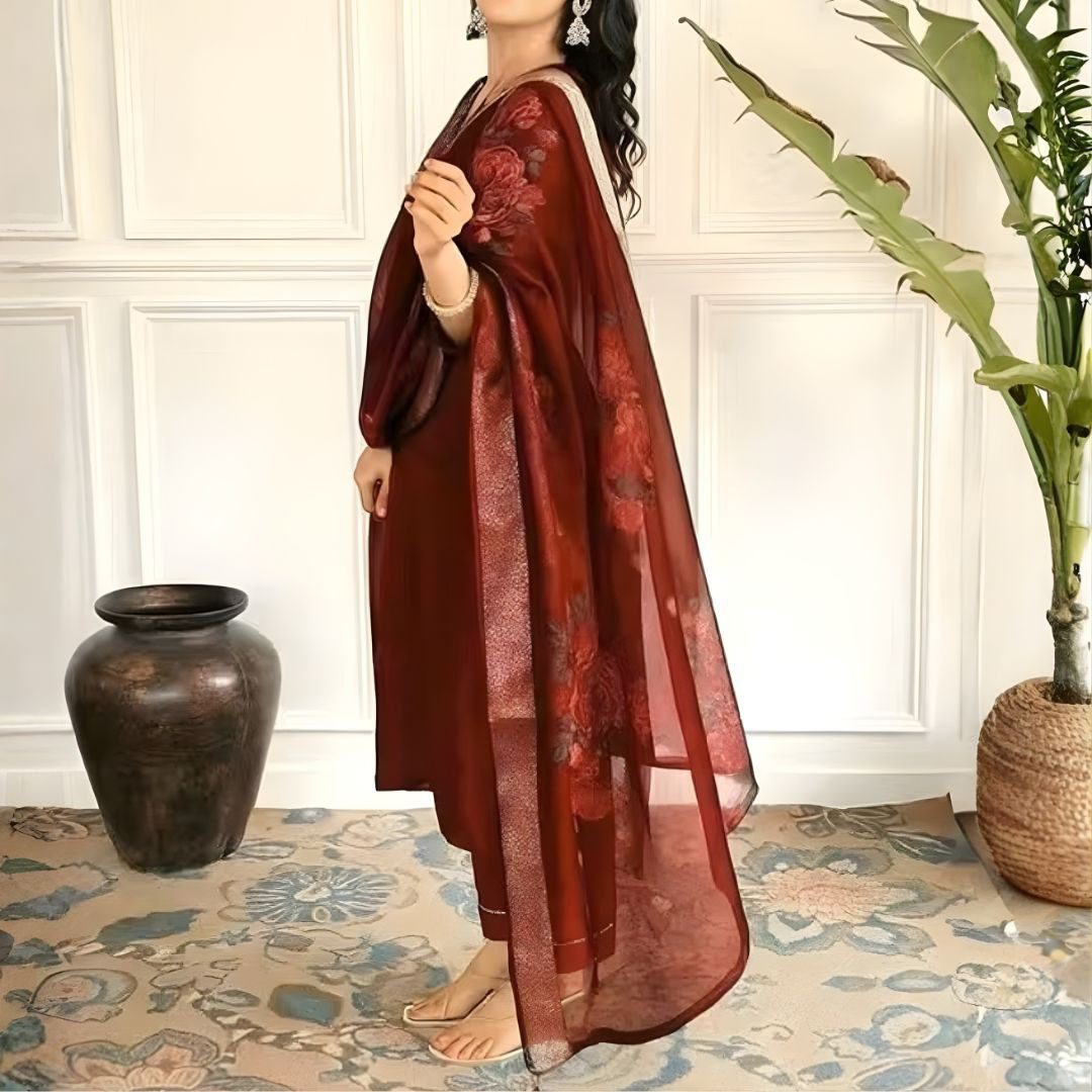 Deep Maroon Embroidered Silk Suit with Floral Organza Dupatta