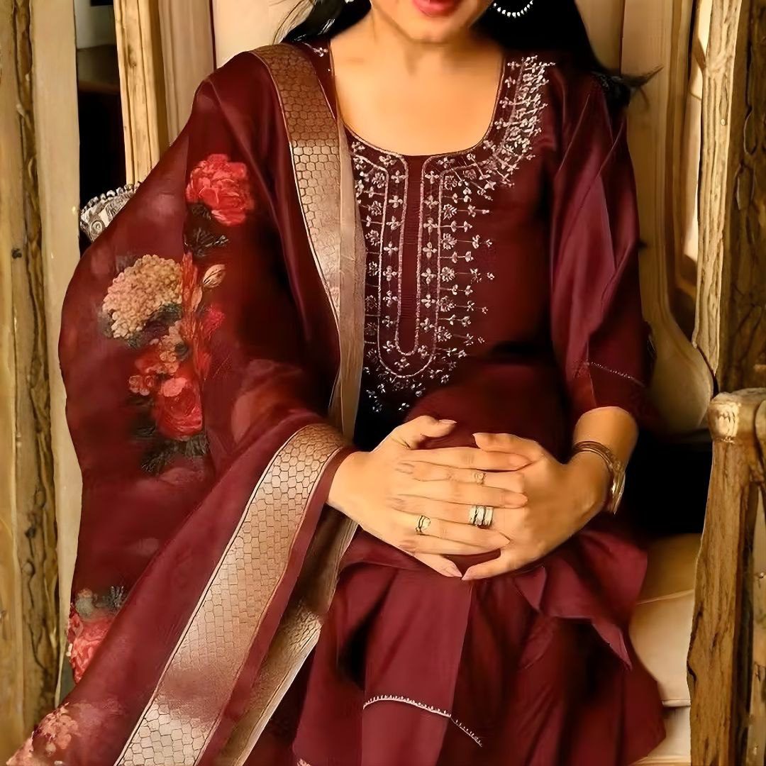 Deep Maroon Embroidered Silk Suit with Floral Organza Dupatta
