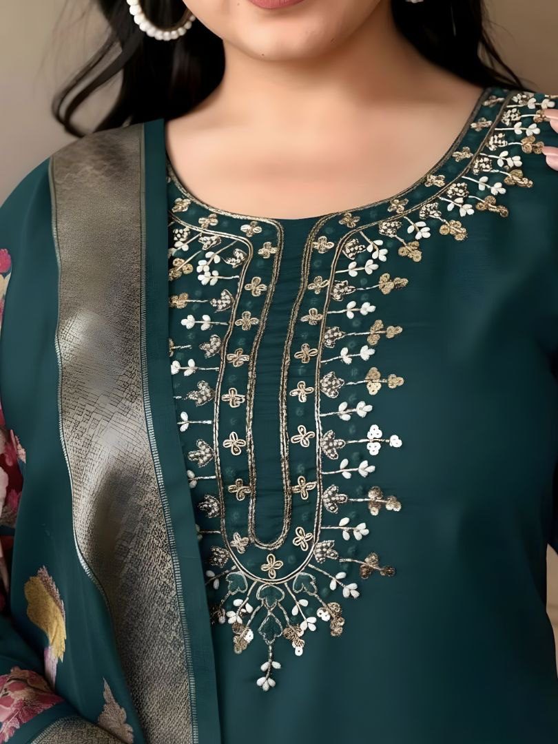 Elegant Emerald Green Silk Salwar Kameez with Floral Organza Dupatta