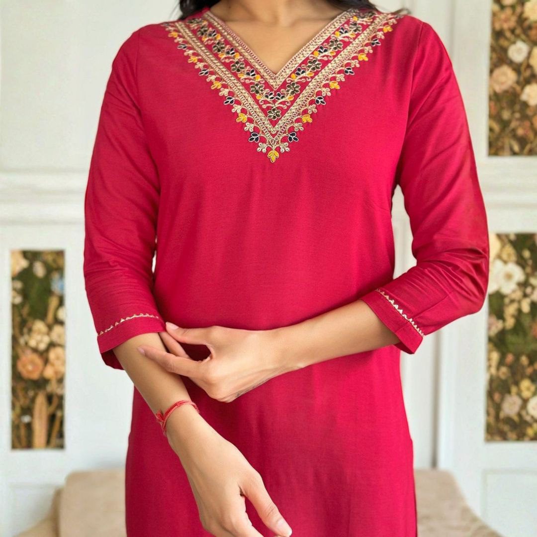 Elegant Rani Pink Embroidered Kurta Set with Floral Organza Dupatta