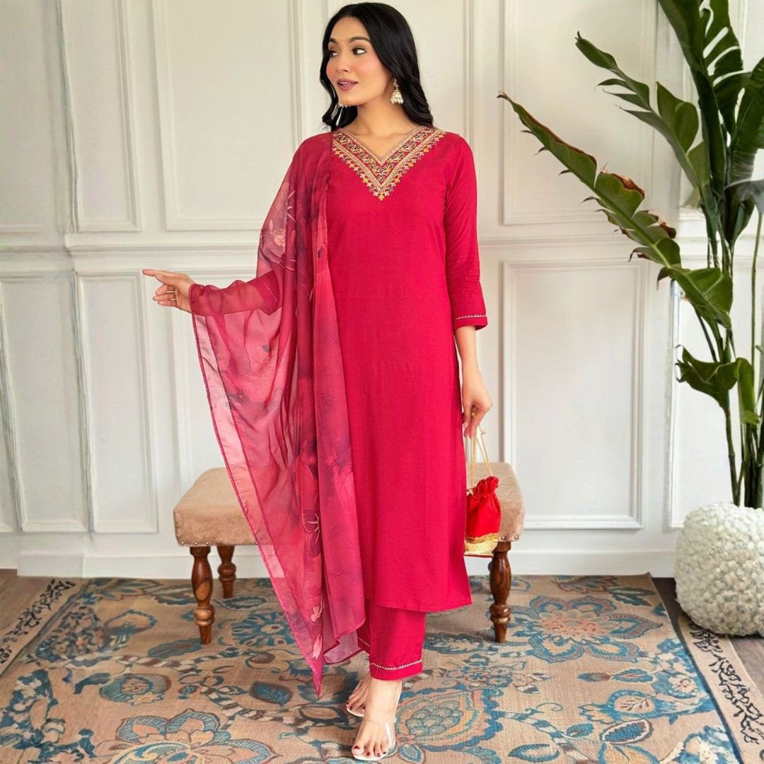 Elegant Rani Pink Embroidered Kurta Set with Floral Organza Dupatta