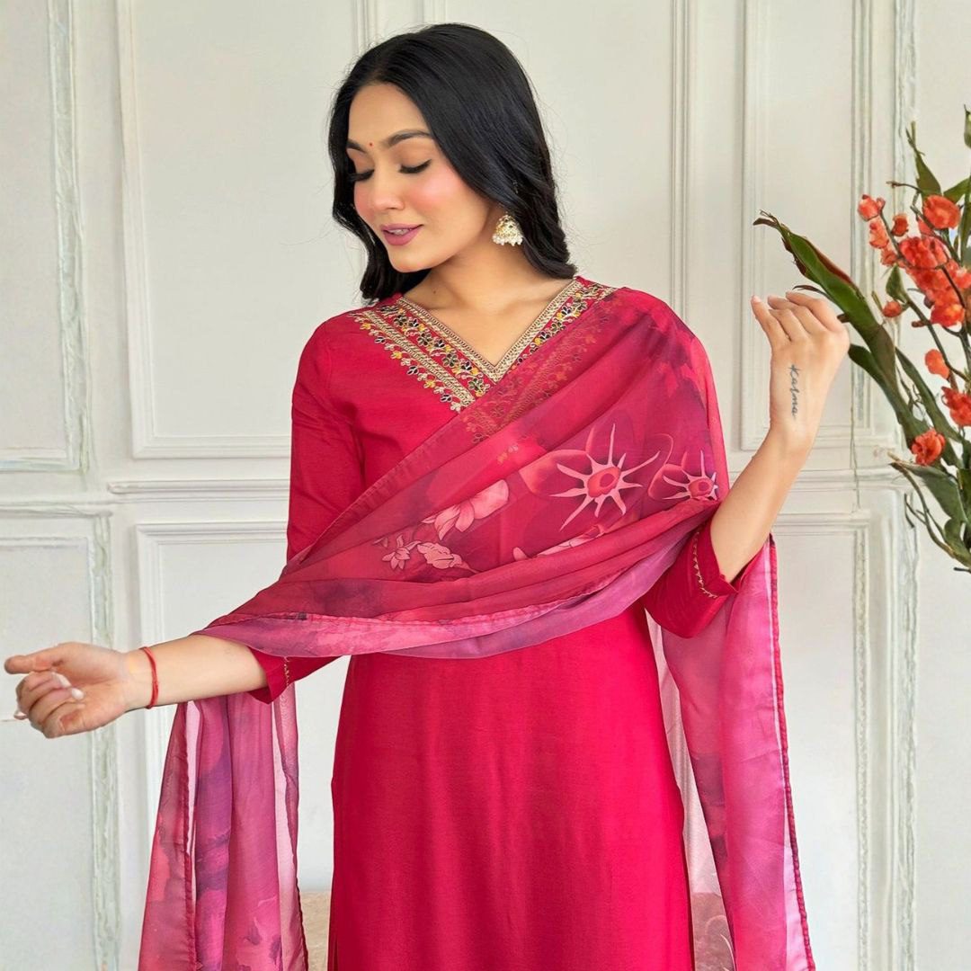 Elegant Rani Pink Embroidered Kurta Set with Floral Organza Dupatta