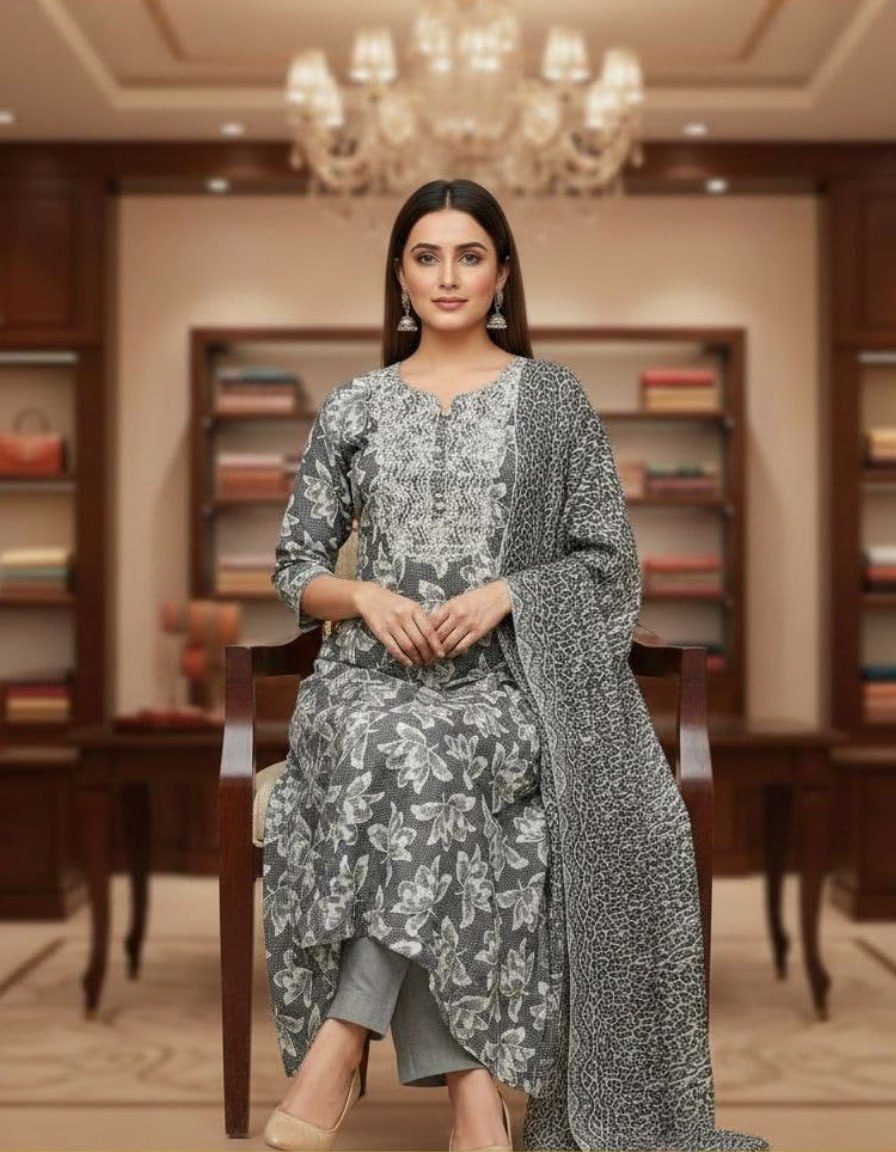 Elegant Ash Grey Floral Printed Kurta Set with Designer Dupatta for Women