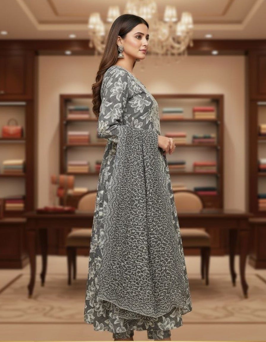 Elegant Ash Grey Floral Printed Kurta Set with Designer Dupatta for Women