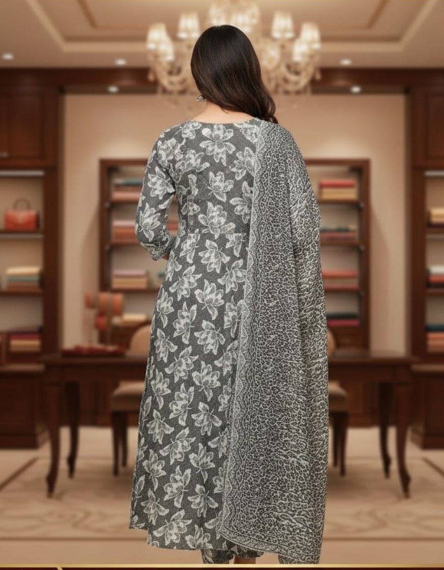 Elegant Ash Grey Floral Printed Kurta Set with Designer Dupatta for Women