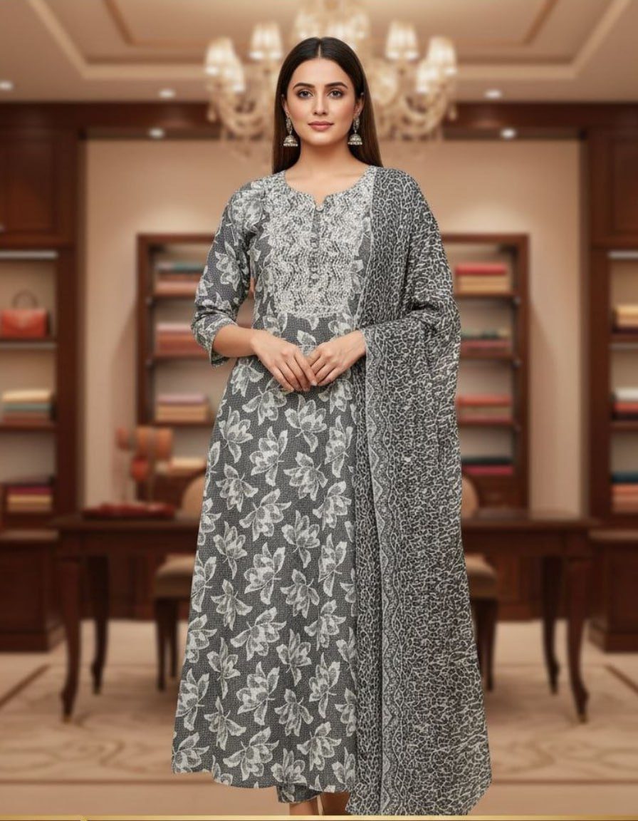 Elegant Ash Grey Floral Printed Kurta Set with Designer Dupatta for Women
