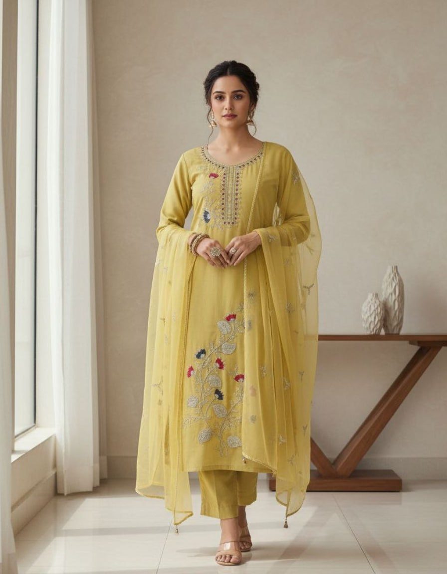 Sunlit Gulbahar Banarasi Silk Suit Set with Handcrafted Floral Embroidery & Organza Dupatta