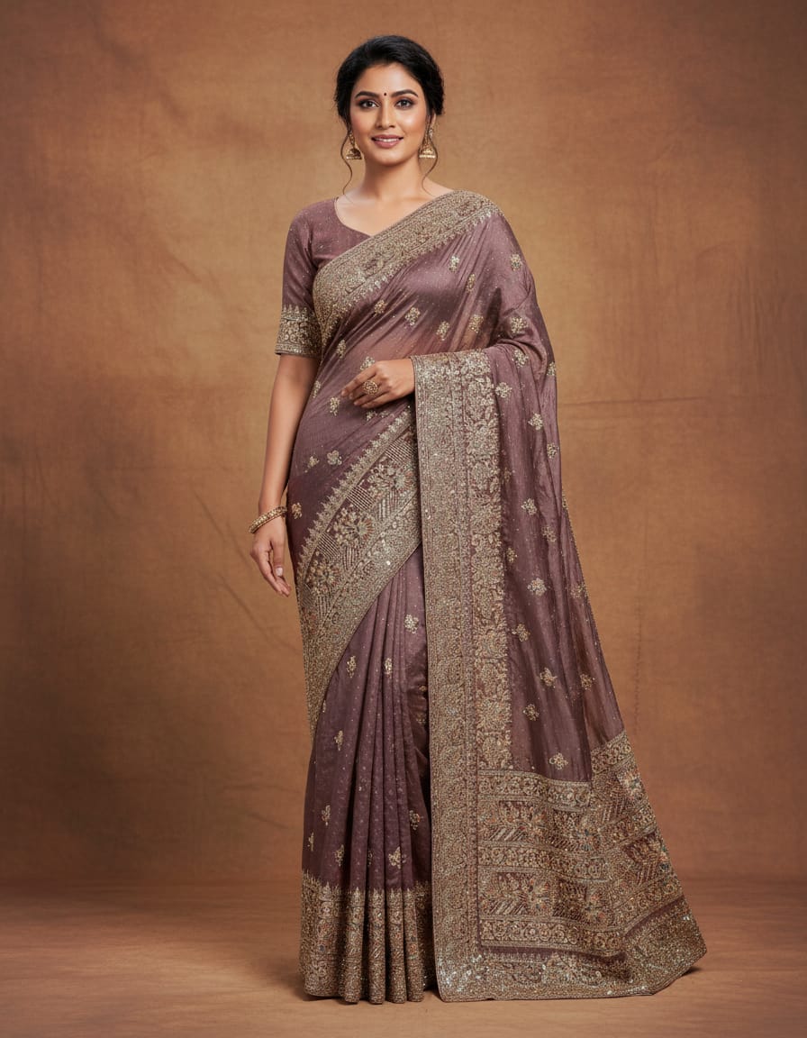 Bronze Net with Heavy Zari Embroidery