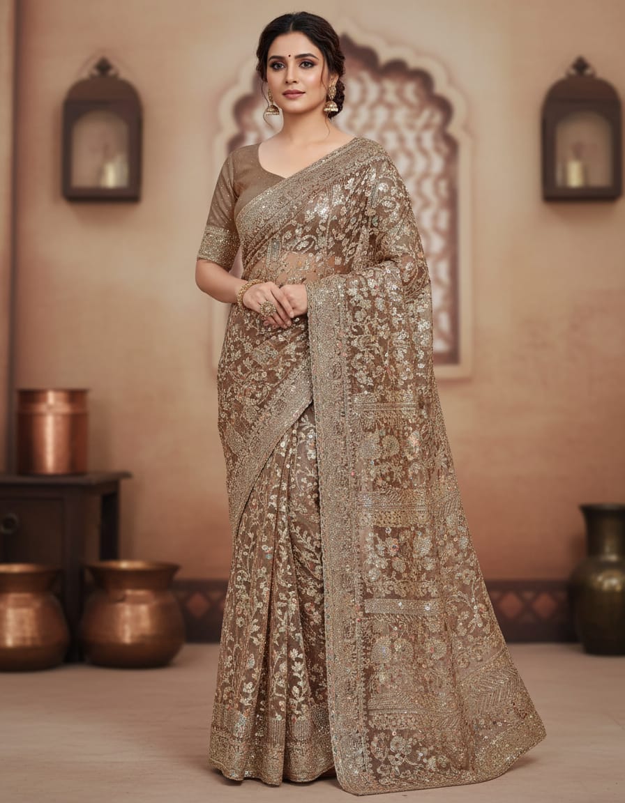 Bronze Net with Heavy Zari Embroidery